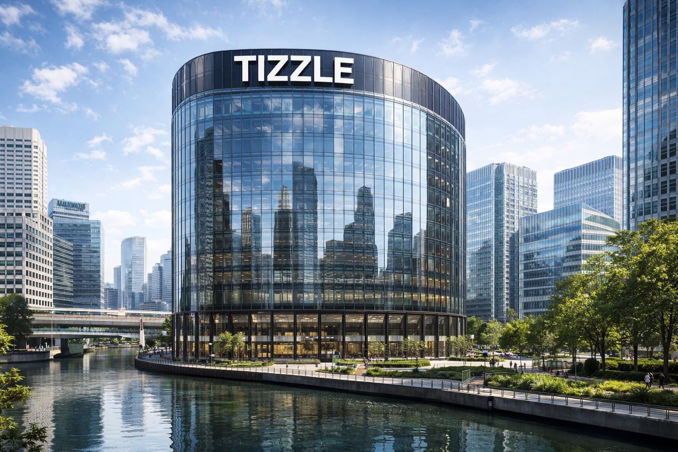 Imagined TIZZLE headquarters - a modern glass building on the waterfront